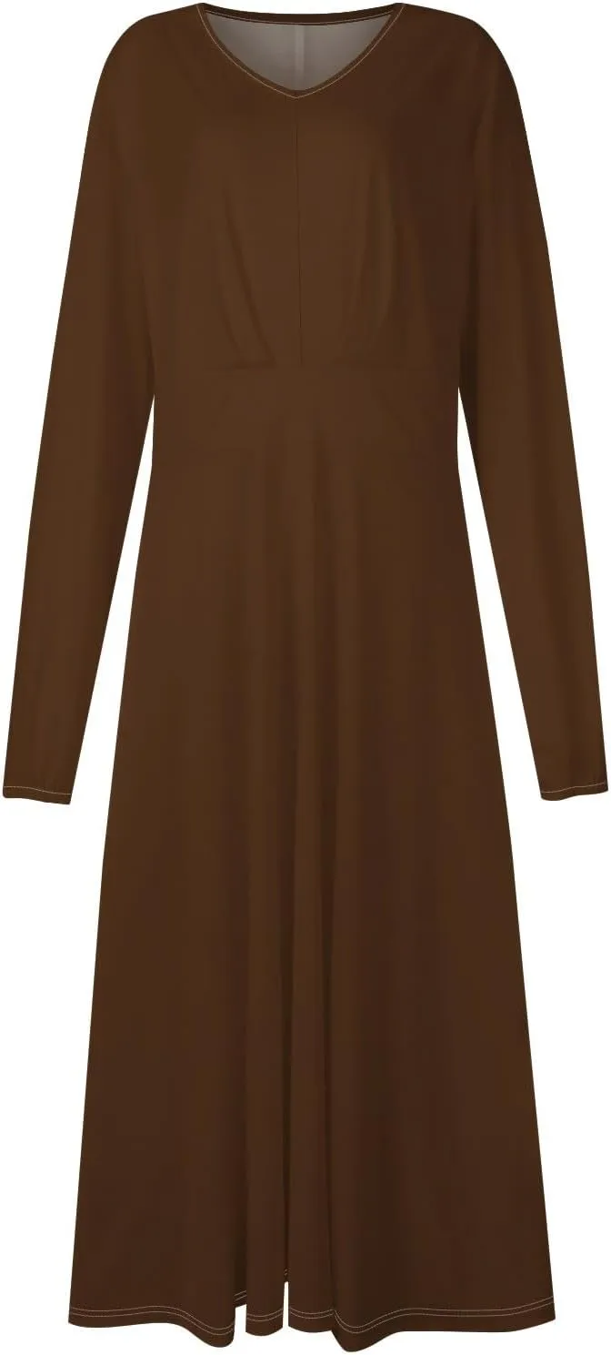 Fall Wedding Guest Dresses for Women Long Sleeve Wrap V Neck Ruffle Belted A-Line Flowy Midi Dresses
