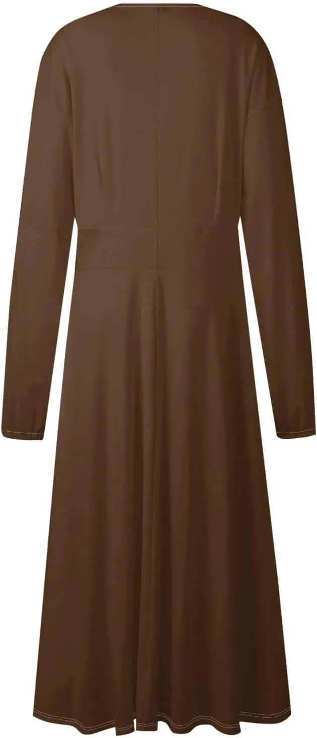 Fall Wedding Guest Dresses for Women Long Sleeve Wrap V Neck Ruffle Belted A-Line Flowy Midi Dresses