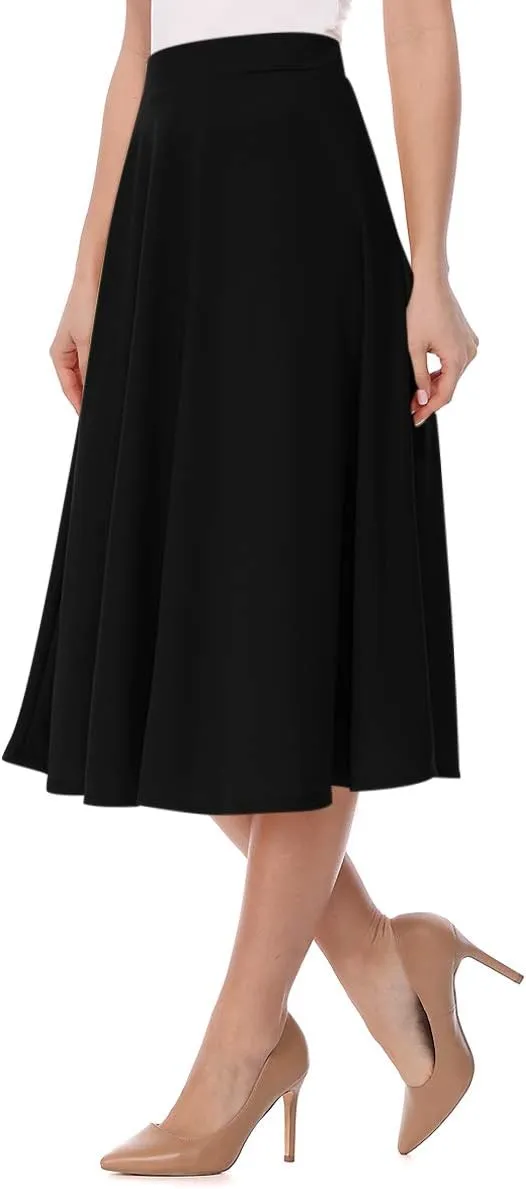 FashionJOA Women's Solid Print Casual Comfy Sexy Office Work Relaxed Fit A-Line Midi Skirt