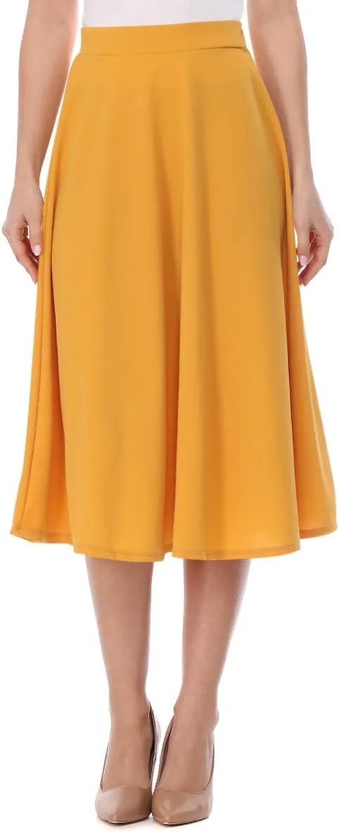FashionJOA Women's Solid Print Casual Comfy Sexy Office Work Relaxed Fit A-Line Midi Skirt