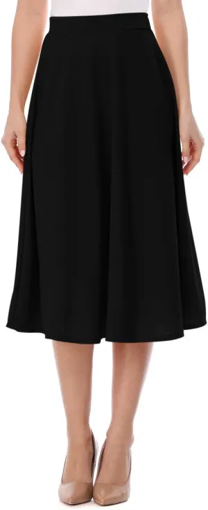 FashionJOA Women's Solid Print Casual Comfy Sexy Office Work Relaxed Fit A-Line Midi Skirt