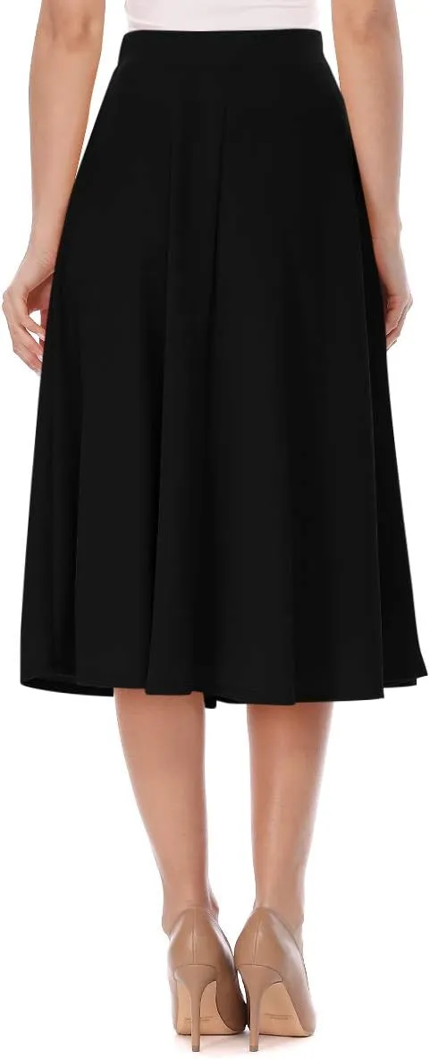 FashionJOA Women's Solid Print Casual Comfy Sexy Office Work Relaxed Fit A-Line Midi Skirt