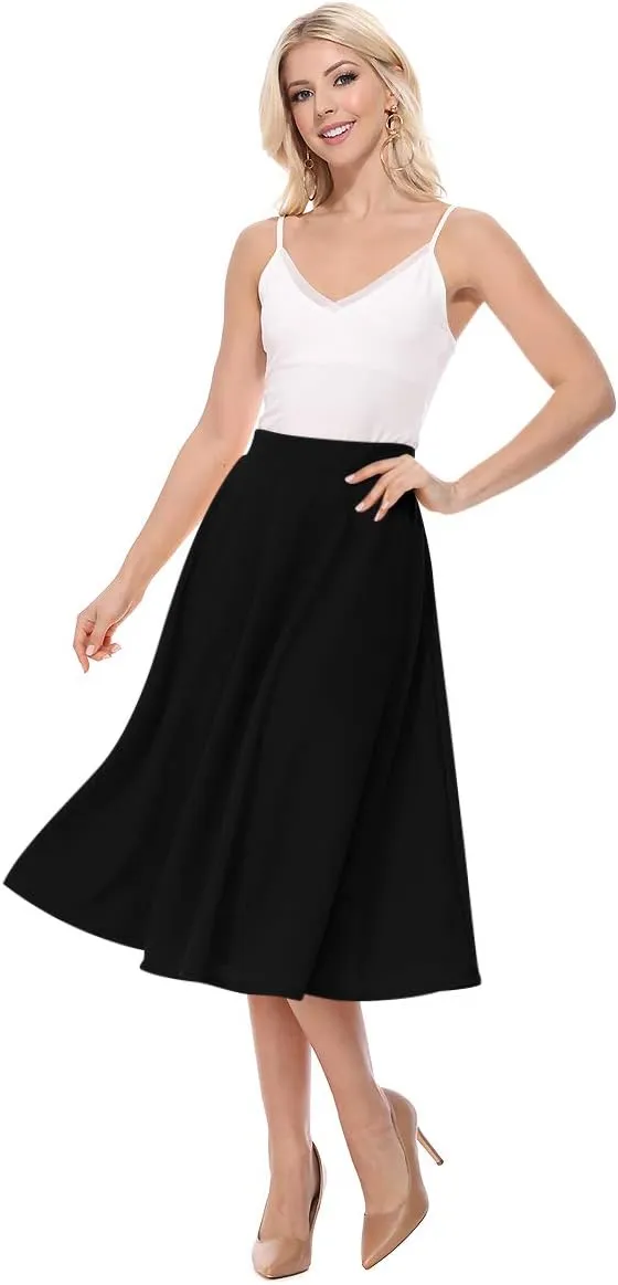 FashionJOA Women's Solid Print Casual Comfy Sexy Office Work Relaxed Fit A-Line Midi Skirt