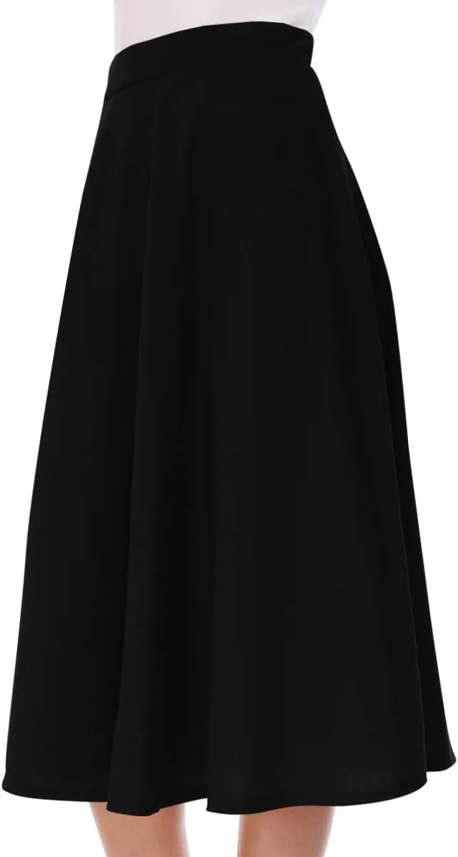 FashionJOA Women's Solid Print Casual Comfy Sexy Office Work Relaxed Fit A-Line Midi Skirt