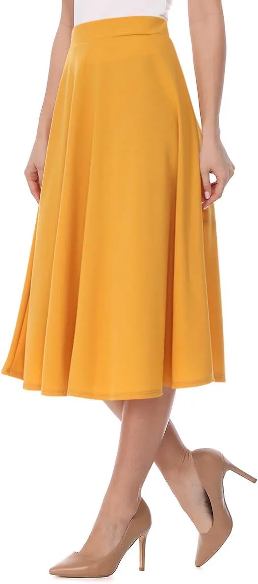 FashionJOA Women's Solid Print Casual Comfy Sexy Office Work Relaxed Fit A-Line Midi Skirt