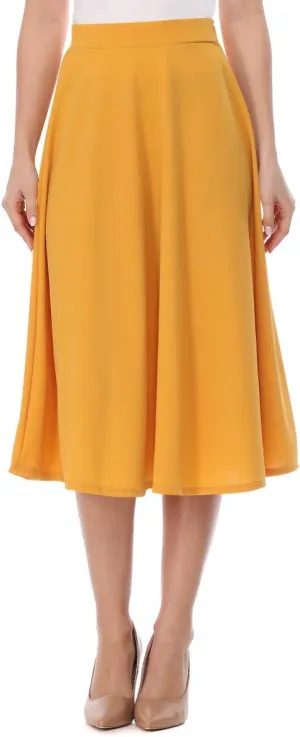 FashionJOA Women's Solid Print Casual Comfy Sexy Office Work Relaxed Fit A-Line Midi Skirt