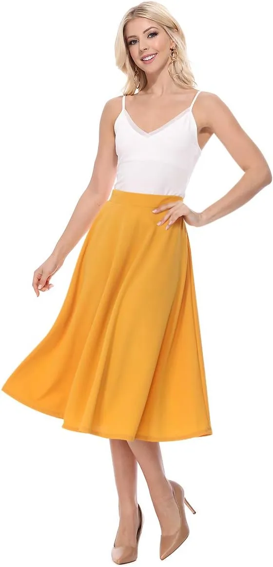 FashionJOA Women's Solid Print Casual Comfy Sexy Office Work Relaxed Fit A-Line Midi Skirt