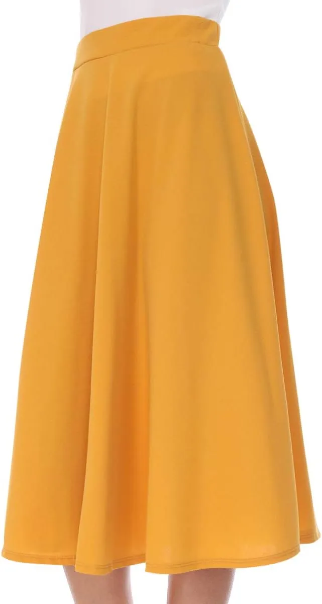 FashionJOA Women's Solid Print Casual Comfy Sexy Office Work Relaxed Fit A-Line Midi Skirt