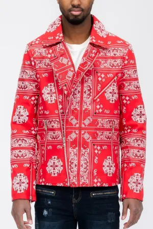FAUX LEATHER BANDANA PRINT JACKET
