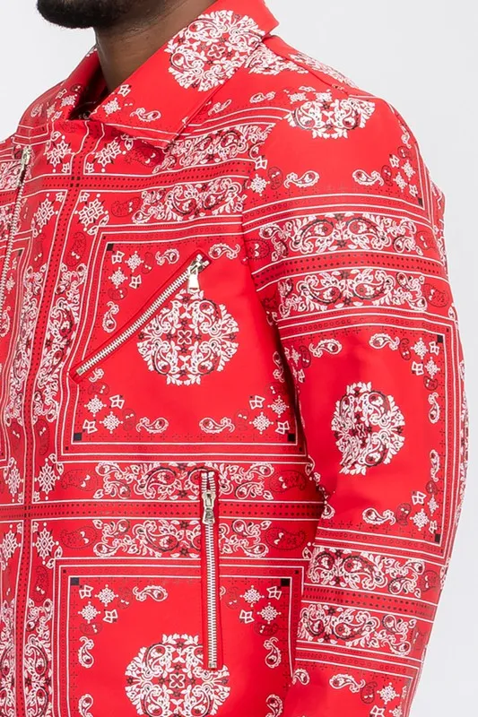 FAUX LEATHER BANDANA PRINT JACKET