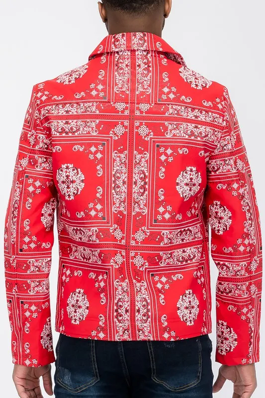 FAUX LEATHER BANDANA PRINT JACKET