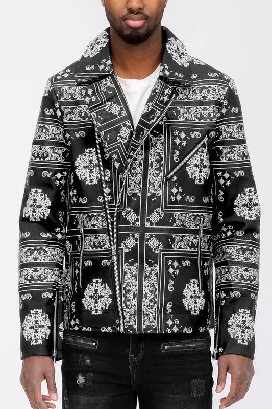 FAUX LEATHER BANDANA PRINT JACKET