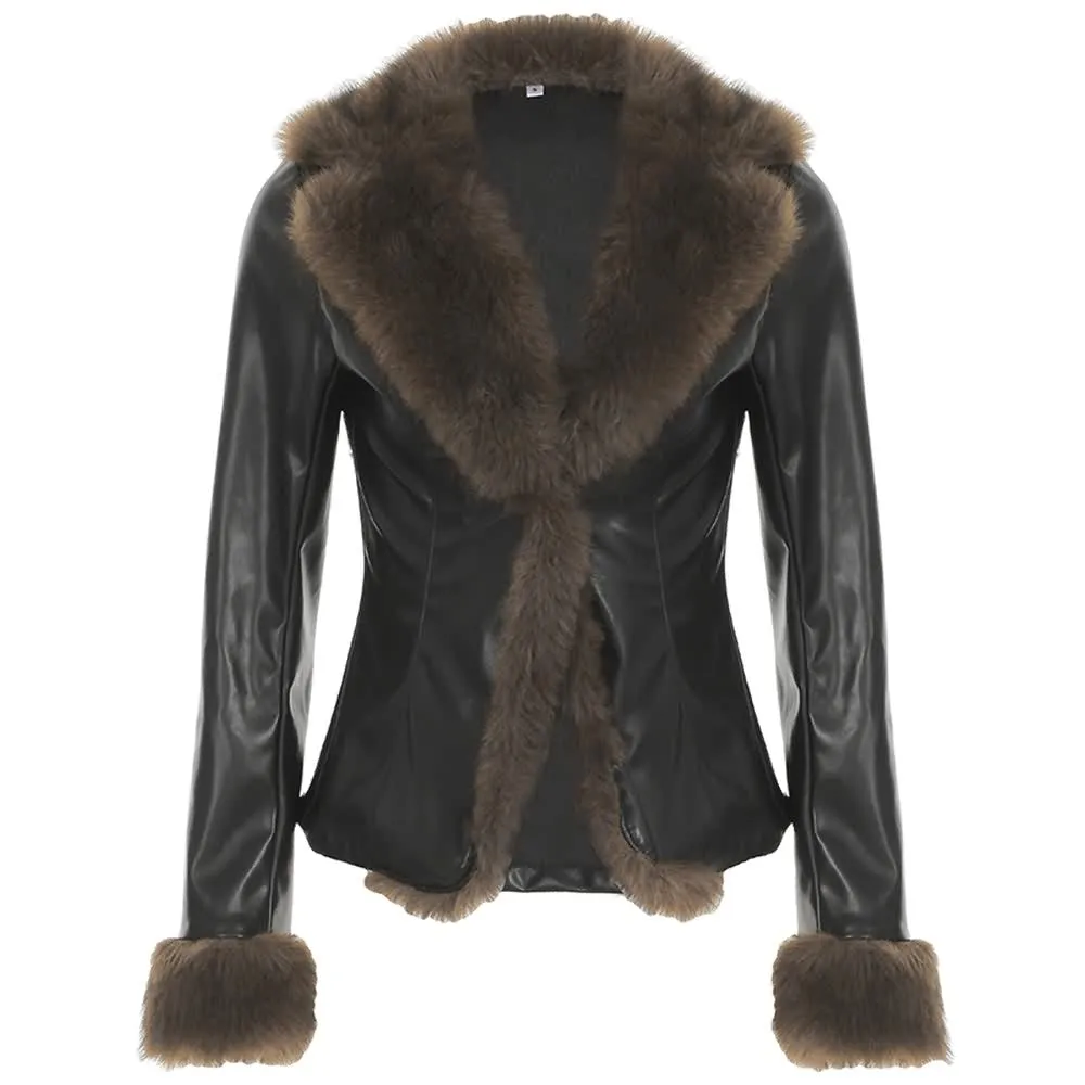 Faux Leather Plush Fur Trim Jacket