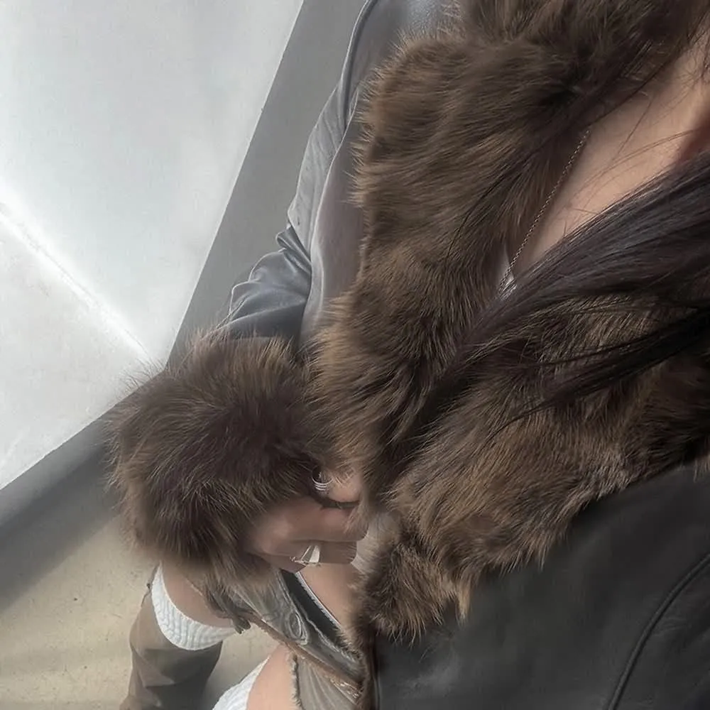 Faux Leather Plush Fur Trim Jacket