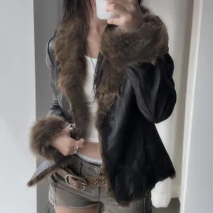 Faux Leather Plush Fur Trim Jacket