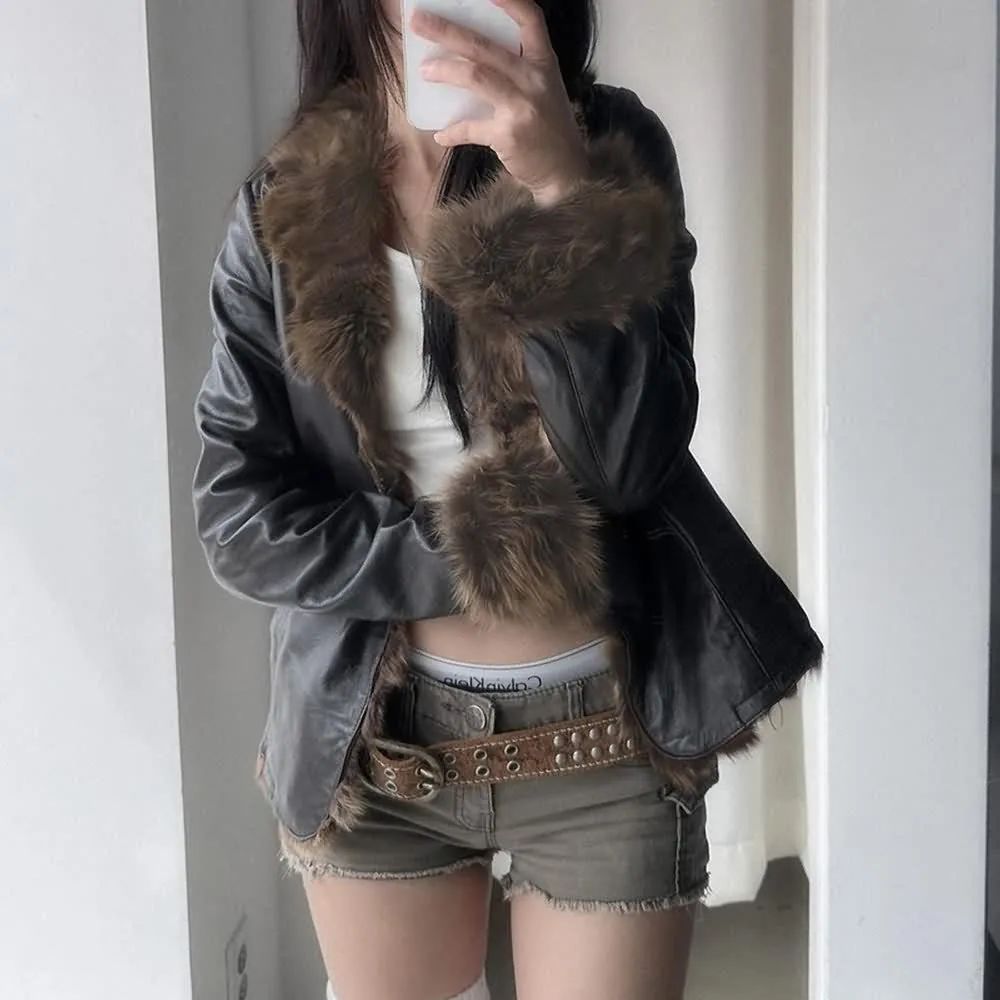 Faux Leather Plush Fur Trim Jacket