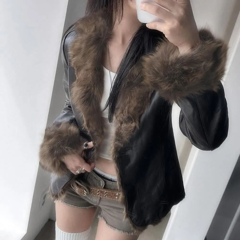 Faux Leather Plush Fur Trim Jacket