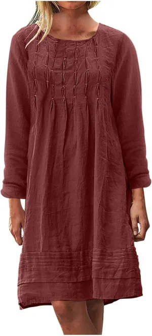 Finelylove Womens Summer Cotton Linen Dresses Short Flowy Beach Dress Long Sleeve Ruffled Shift Dress Casual Loose Sundress