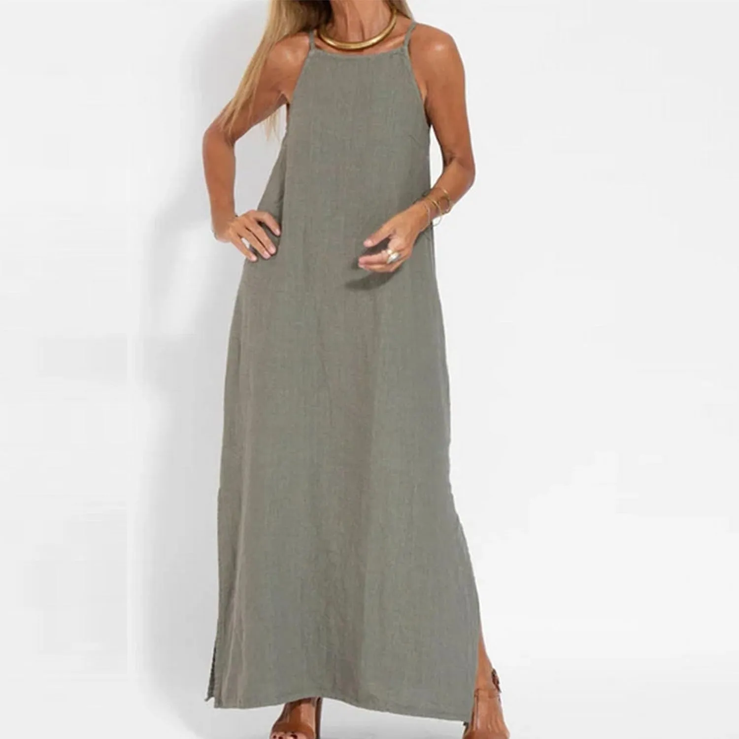 Firzero Womens Casual Tank Dress 2024 Summer Crewneck Sleeveless Sundress Cotton Linen Long Dresses Flowy Maxi Beach Dress