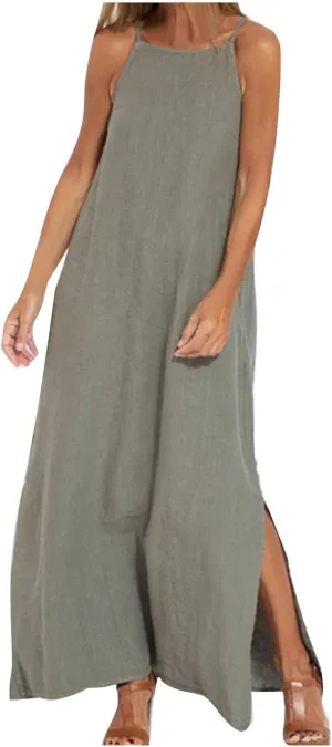 Firzero Womens Casual Tank Dress 2024 Summer Crewneck Sleeveless Sundress Cotton Linen Long Dresses Flowy Maxi Beach Dress