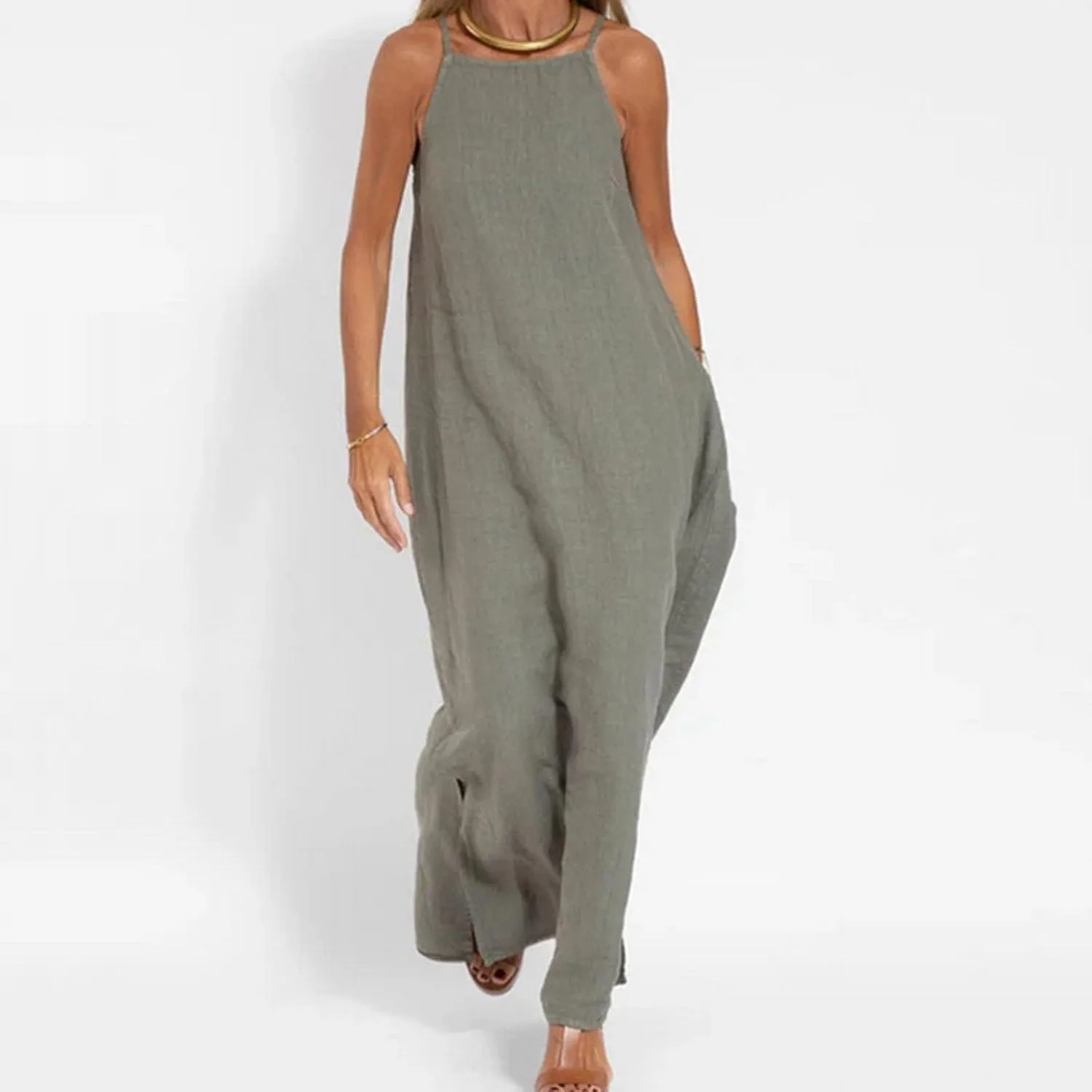 Firzero Womens Casual Tank Dress 2024 Summer Crewneck Sleeveless Sundress Cotton Linen Long Dresses Flowy Maxi Beach Dress