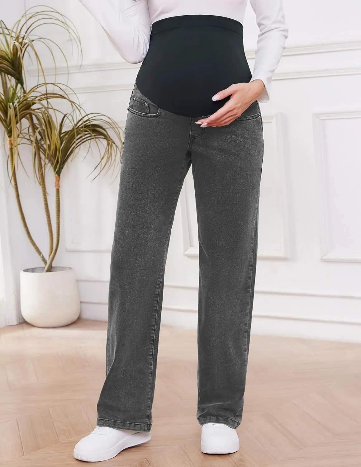 fitglam Women's Maternity Jeans Straight Leg Relaxed Fit Over Belly Pregnancy Denim Work Pants Maternity Clothes with Pockets