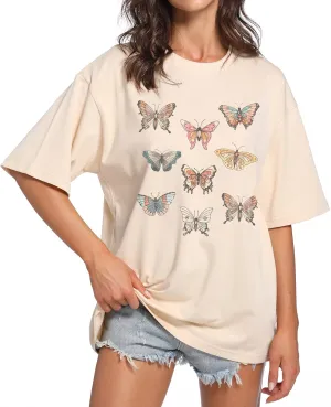 Fkatuzi Butterfly Oversized Vintage T Shirts for Women Sun and Moon Graphic Tee Casual Cotton Crewneck Short Sleeve Gray Tops