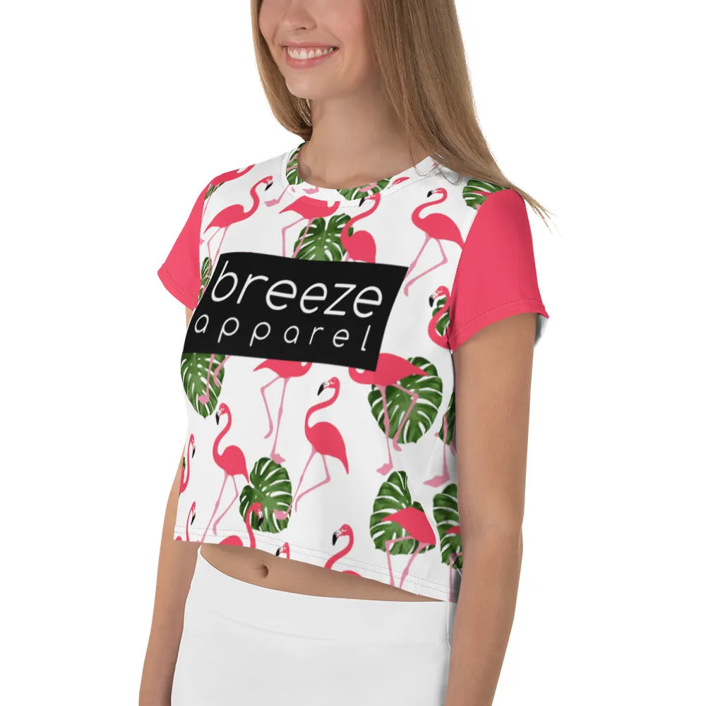 'Flamingos' all-over crop top (white)