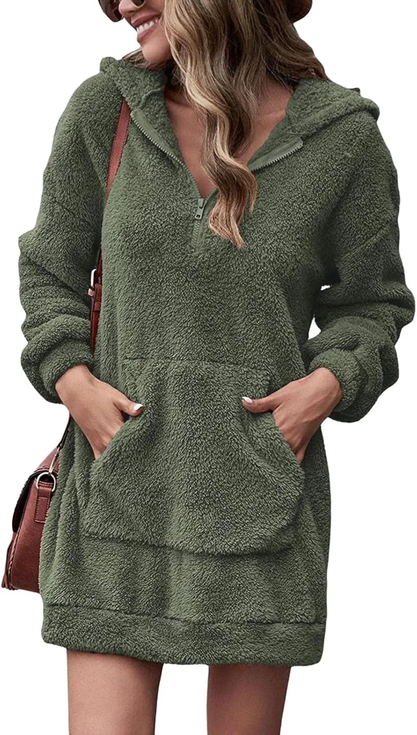 Fleece Hoodie Women Quarter Zip Pullover Hoodie Dress Soft Cozy Hooded Sweatshirt Dress Oversized Fuzzy Hoodies