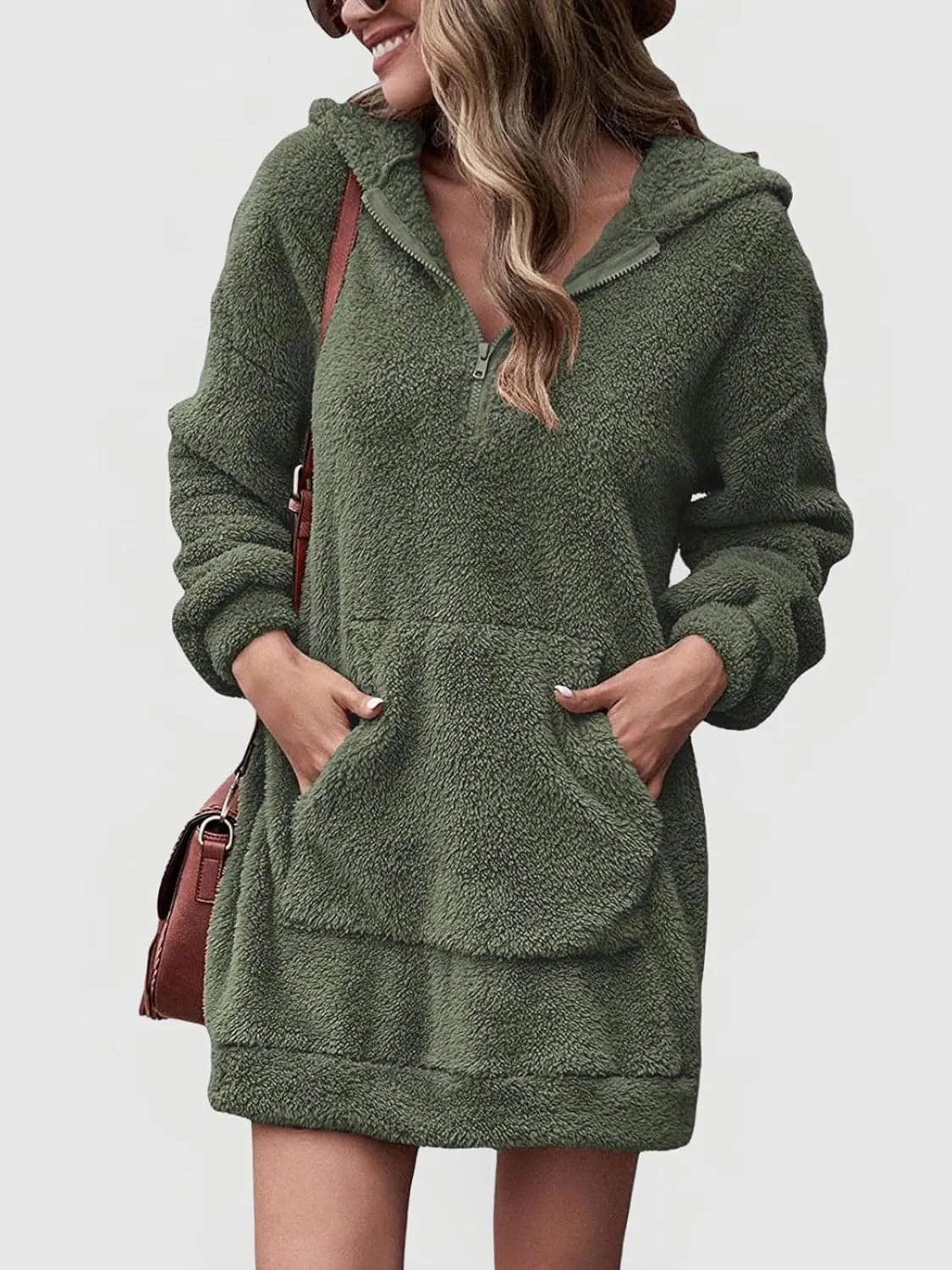 Fleece Hoodie Women Quarter Zip Pullover Hoodie Dress Soft Cozy Hooded Sweatshirt Dress Oversized Fuzzy Hoodies