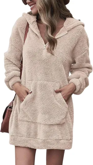 Fleece Hoodie Women Quarter Zip Pullover Hoodie Dress Soft Cozy Hooded Sweatshirt Dress Oversized Fuzzy Hoodies