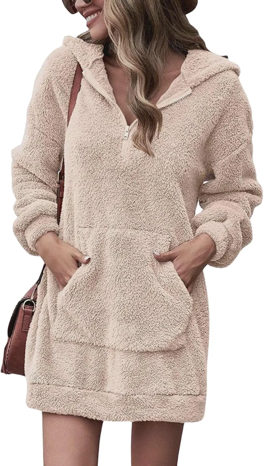 Fleece Hoodie Women Quarter Zip Pullover Hoodie Dress Soft Cozy Hooded Sweatshirt Dress Oversized Fuzzy Hoodies