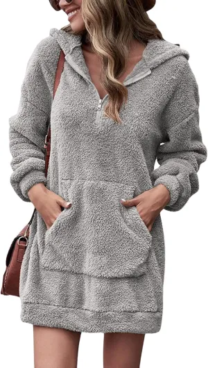 Fleece Hoodie Women Quarter Zip Pullover Hoodie Dress Soft Cozy Hooded Sweatshirt Dress Oversized Fuzzy Hoodies