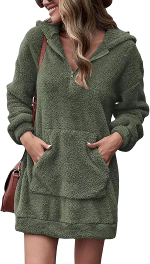 Fleece Hoodie Women Quarter Zip Pullover Hoodie Dress Soft Cozy Hooded Sweatshirt Dress Oversized Fuzzy Hoodies
