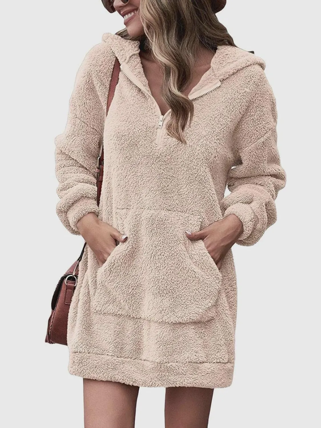 Fleece Hoodie Women Quarter Zip Pullover Hoodie Dress Soft Cozy Hooded Sweatshirt Dress Oversized Fuzzy Hoodies