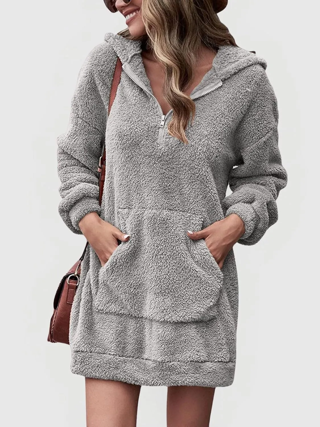 Fleece Hoodie Women Quarter Zip Pullover Hoodie Dress Soft Cozy Hooded Sweatshirt Dress Oversized Fuzzy Hoodies