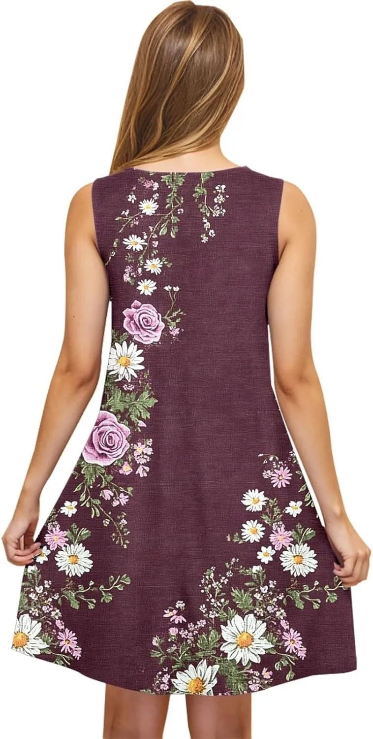 Floral Dresses for Women 2025 Summer Sleeveless Beach Dresses Casual Boho Flowy Party Dress Swing A-Line Sundress