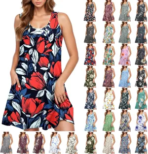 Floral Dresses for Women 2025 Summer Sleeveless Beach Dresses Casual Boho Flowy Party Dress Swing A-Line Sundress