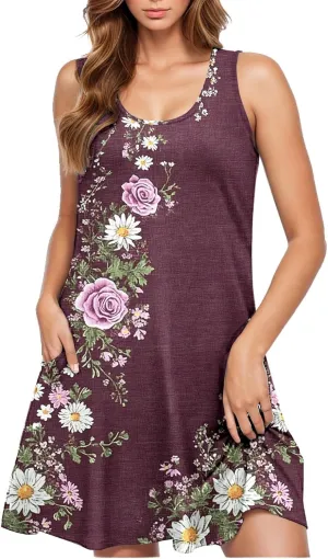 Floral Dresses for Women 2025 Summer Sleeveless Beach Dresses Casual Boho Flowy Party Dress Swing A-Line Sundress