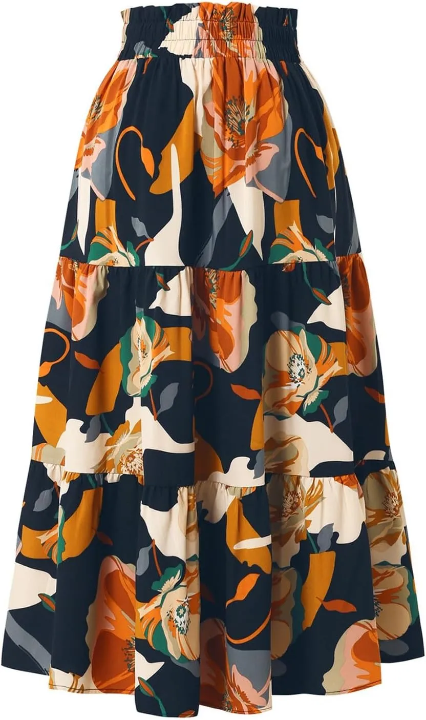 Floral Midi Skirts for Women Summer Tiered Drawstring Elastic Waist Knee Length Skirts Smocked A-Line Flowy Boho Skirt
