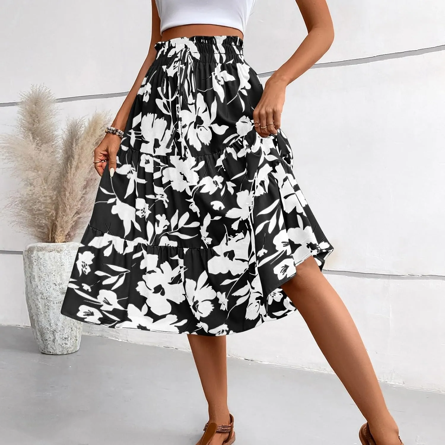Floral Midi Skirts for Women Summer Tiered Drawstring Elastic Waist Knee Length Skirts Smocked A-Line Flowy Boho Skirt