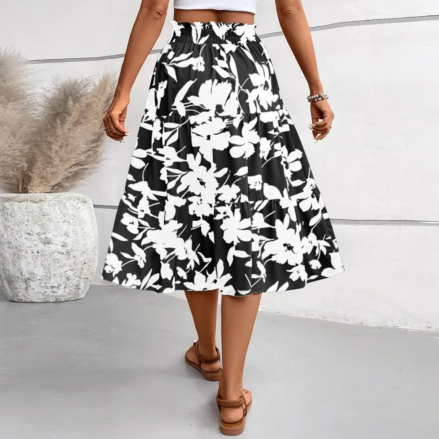 Floral Midi Skirts for Women Summer Tiered Drawstring Elastic Waist Knee Length Skirts Smocked A-Line Flowy Boho Skirt