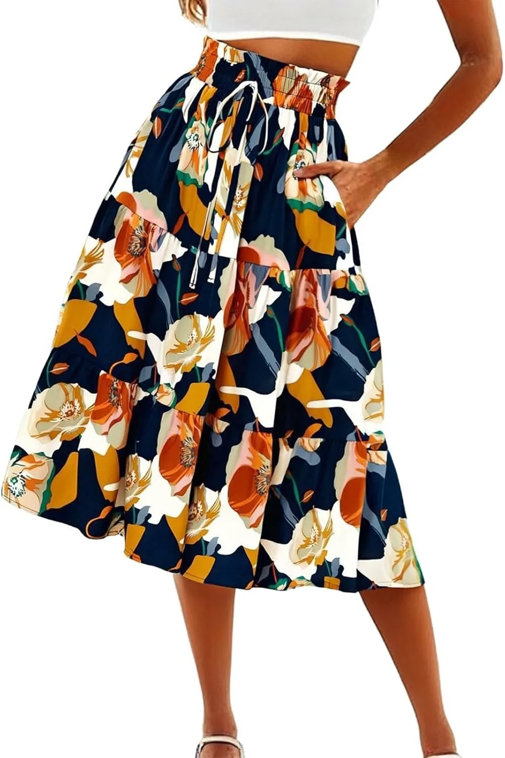 Floral Midi Skirts for Women Summer Tiered Drawstring Elastic Waist Knee Length Skirts Smocked A-Line Flowy Boho Skirt