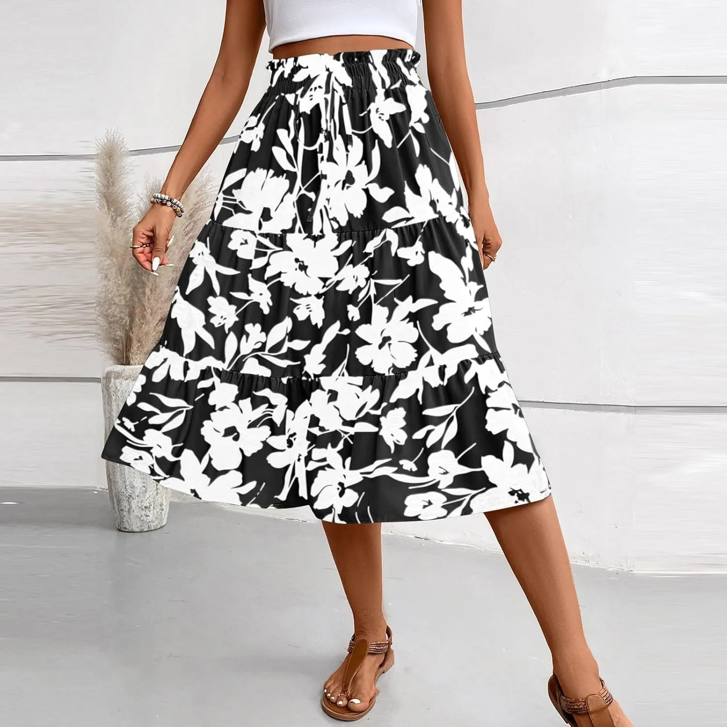 Floral Midi Skirts for Women Summer Tiered Drawstring Elastic Waist Knee Length Skirts Smocked A-Line Flowy Boho Skirt