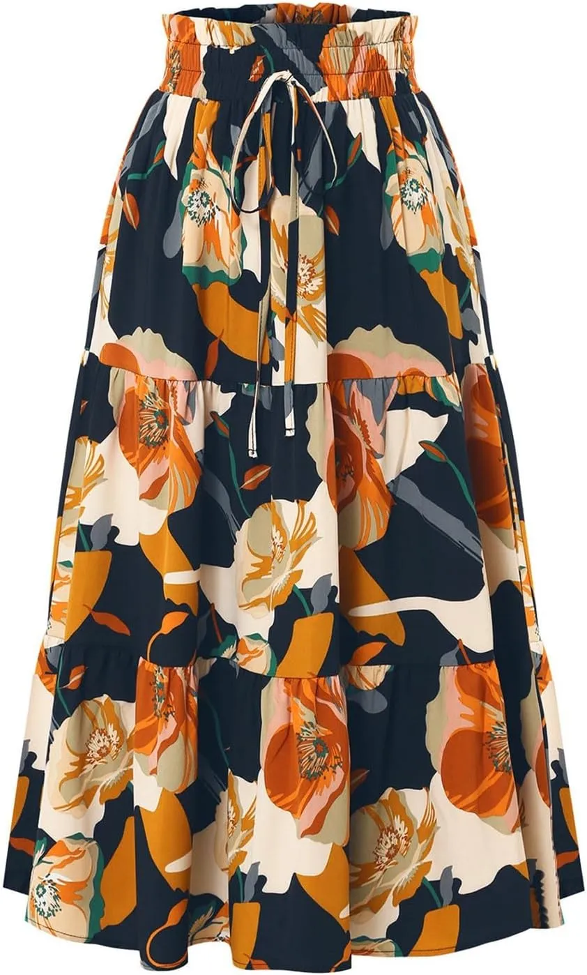 Floral Midi Skirts for Women Summer Tiered Drawstring Elastic Waist Knee Length Skirts Smocked A-Line Flowy Boho Skirt