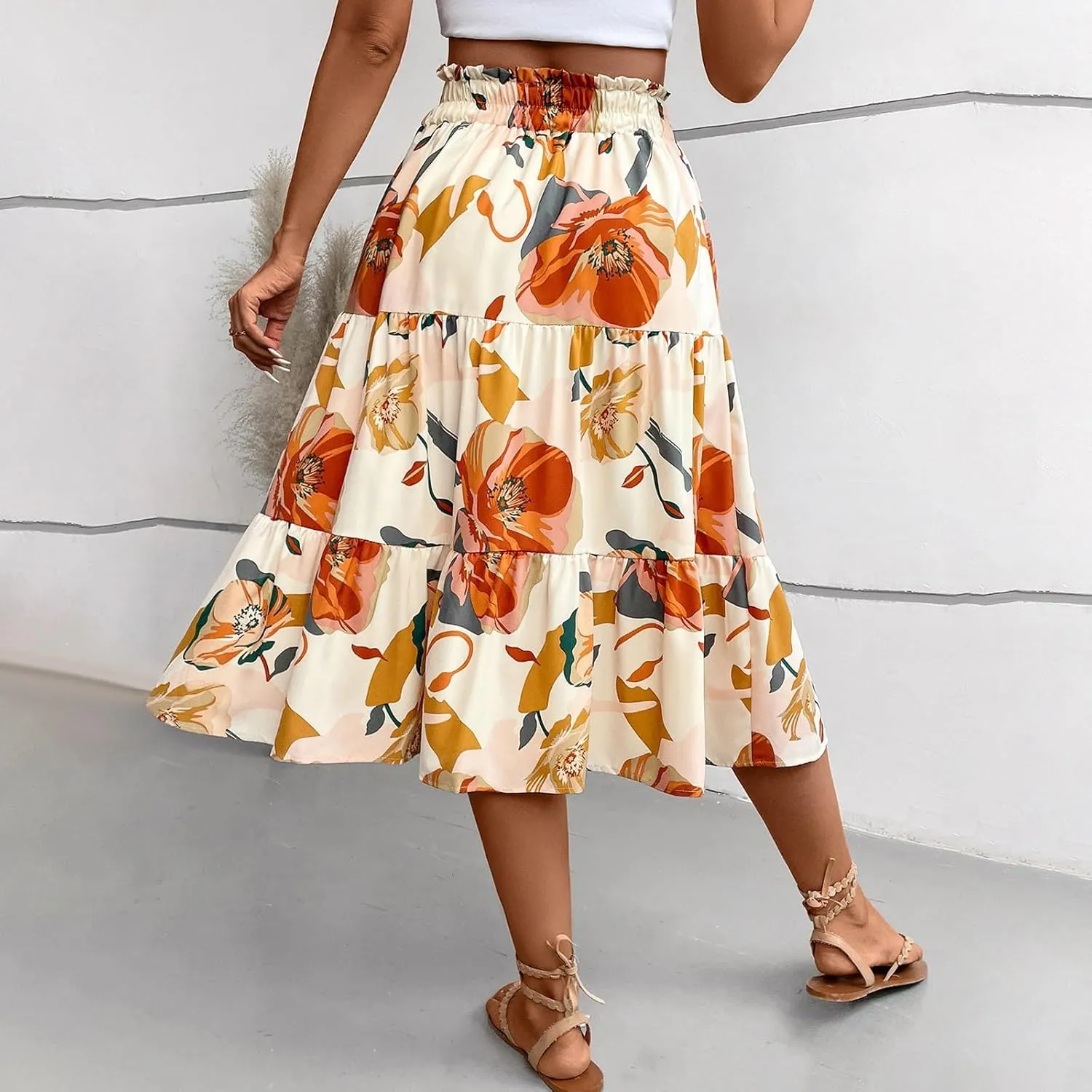 Floral Midi Skirts for Women Summer Tiered Drawstring Elastic Waist Knee Length Skirts Smocked A-Line Flowy Boho Skirt