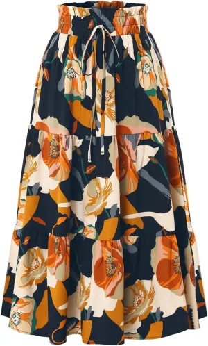 Floral Midi Skirts for Women Summer Tiered Drawstring Elastic Waist Knee Length Skirts Smocked A-Line Flowy Boho Skirt