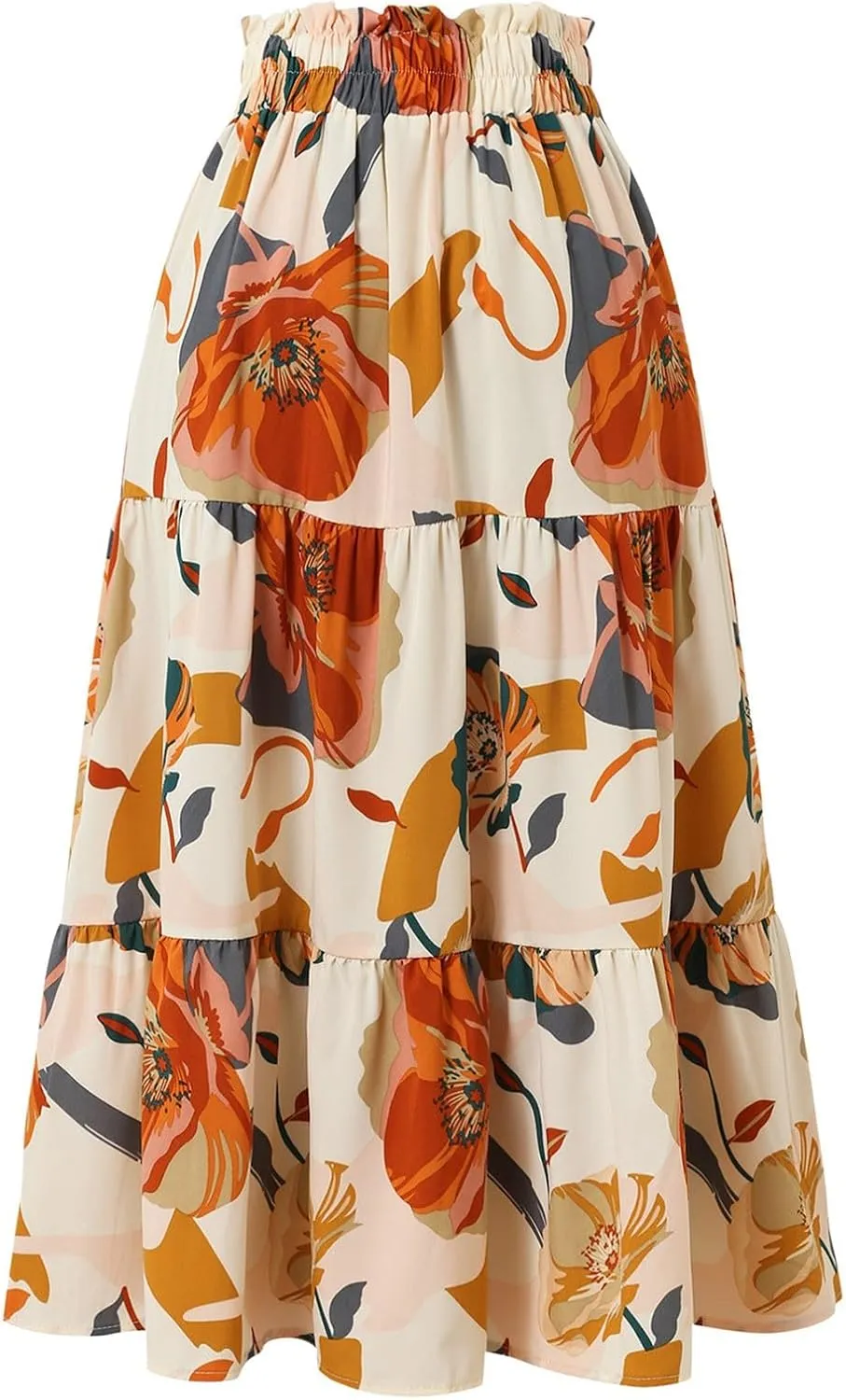 Floral Midi Skirts for Women Summer Tiered Drawstring Elastic Waist Knee Length Skirts Smocked A-Line Flowy Boho Skirt
