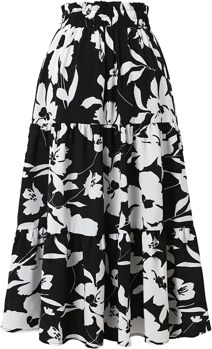 Floral Midi Skirts for Women Summer Tiered Drawstring Elastic Waist Knee Length Skirts Smocked A-Line Flowy Boho Skirt