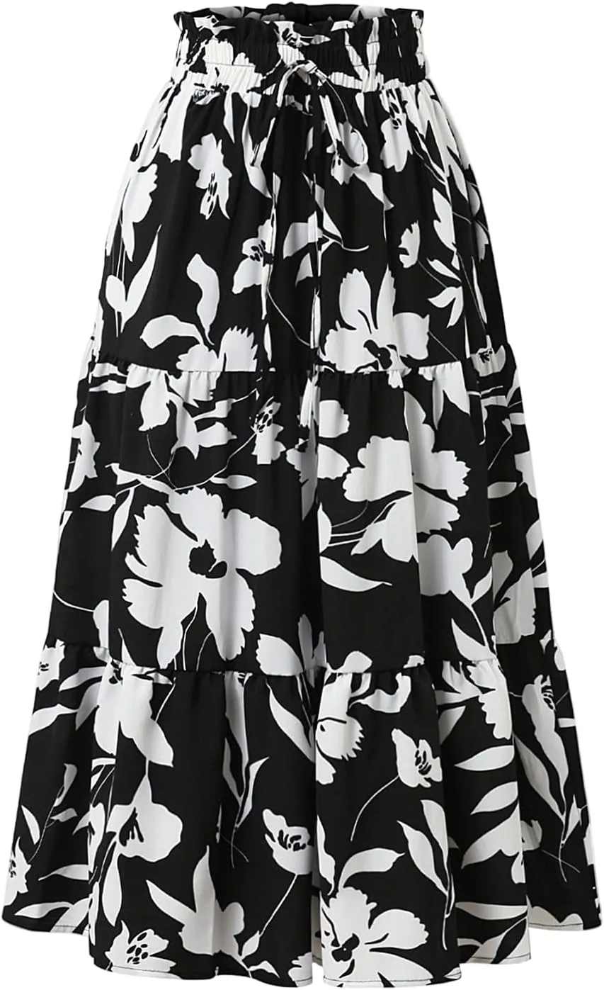 Floral Midi Skirts for Women Summer Tiered Drawstring Elastic Waist Knee Length Skirts Smocked A-Line Flowy Boho Skirt